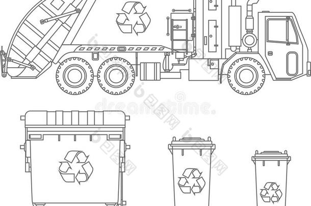 着色页。 垃圾车和不同类型的垃圾箱在白色背景上的平面风格。 矢量插图。