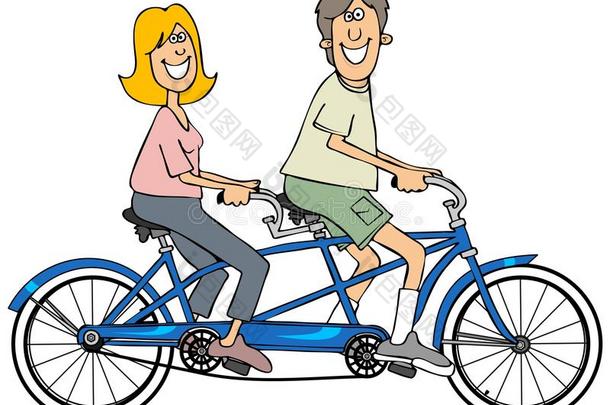 一对夫妇骑着一辆蓝色的串联自行车