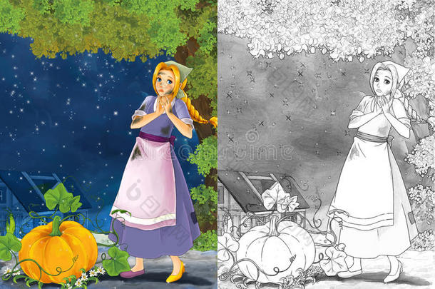 卡通场景与一个年轻的贫穷女孩-大南瓜和金鞋舞台为不同的童话-美丽的漫画女孩