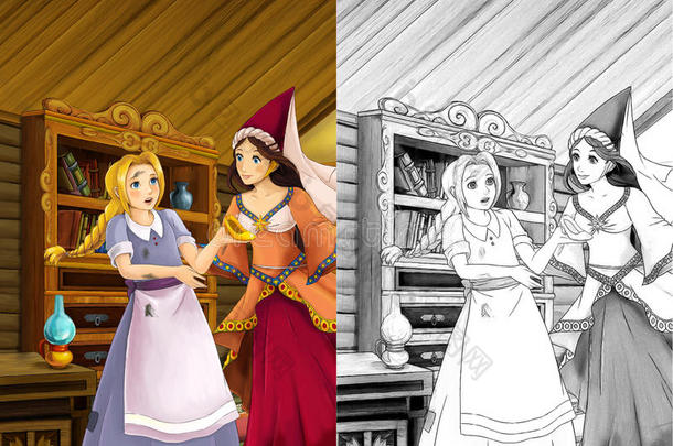 卡通<strong>场景</strong>在古老的传统<strong>厨房</strong>-两个女人说话-美丽的漫画女孩-着色页面-插图
