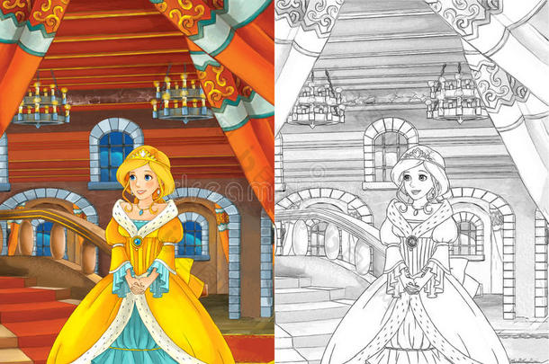 卡通场景与美丽的公主从城堡出来-美丽的漫画女孩-有着色页