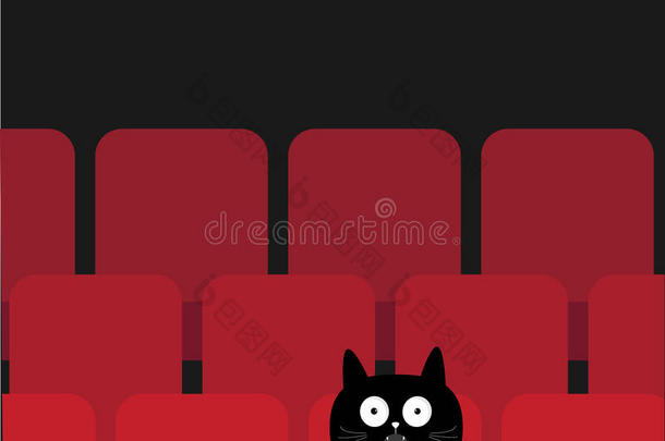 猫坐在电影院吃爆米花。 可爱的卡通人物。 电影放映电影背景。 观众小猫看电影。