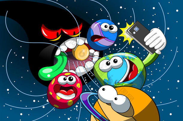 卡通怪物黑洞吃宇宙地球自拍智能手机