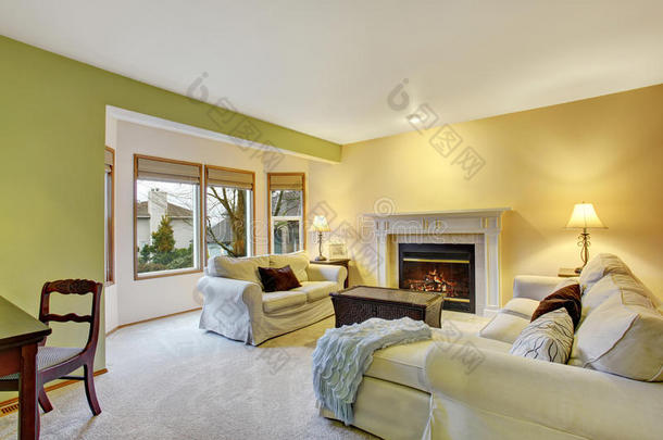 舒适的客厅，<strong>硬木</strong>地板和壁炉。