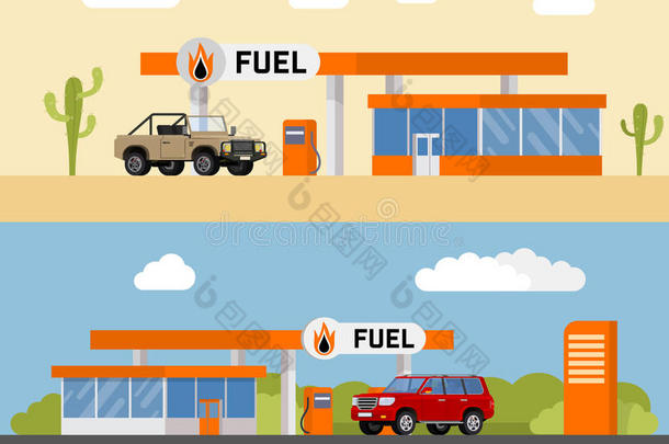 概念燃料加油站与SUV汽车。 加油站和燃油泵与商店。 矢量插图。