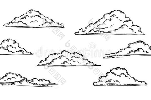 手绘矢量插图-一组云。 古老的雕刻
