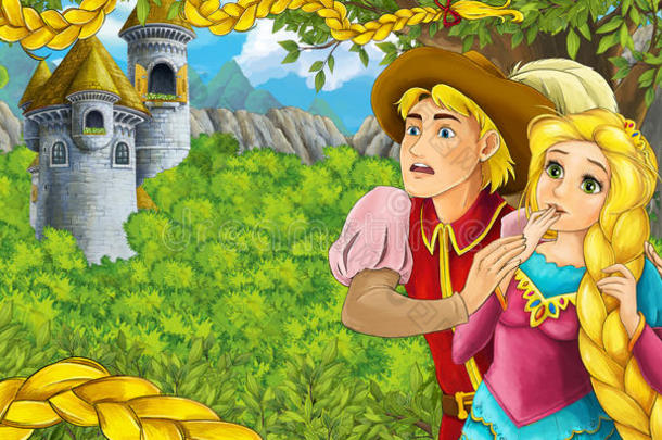 卡通童话场景与城堡塔-公主在森林-美丽的漫画女孩-城堡塔的背景
