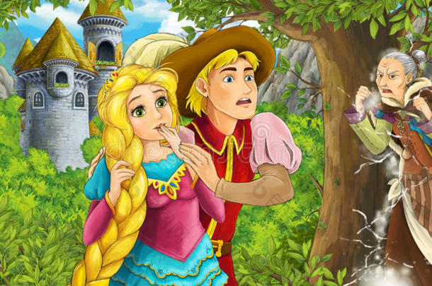 卡通童话场景与城堡塔-公主在森林-美丽的漫画女孩-城堡塔的背景