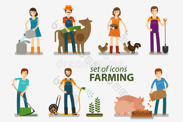 养殖和牛养殖的图标。 在农场工作的人。 矢量插图