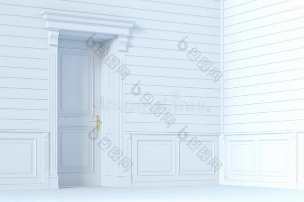 经典的白色木质门室内设计。3d渲染。