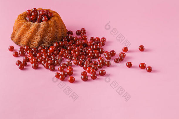 粉红色背景上的樱桃蛋糕和樱桃浆果