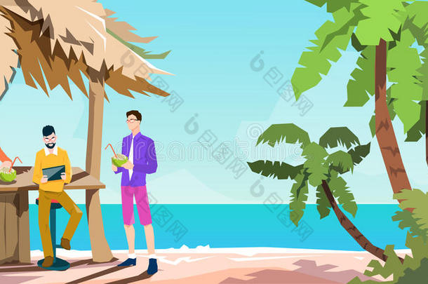 商人集团热带酒吧商人使用平板海滩暑假岛