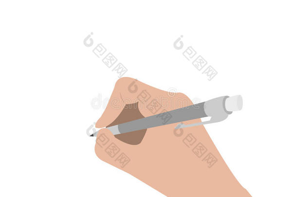 手写绘图笔。 拿着铅笔的女人。 作家，学生，艺术家。 身体部位。 模板为空。 平面设计。 孤立的。 白色的