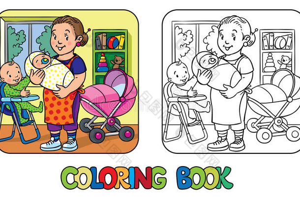 带孩子的有趣保姆。 着色书。
