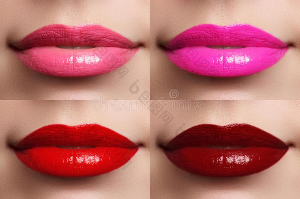 美丽的嘴唇收集彩色葡萄酒，紫红色，粉红色，红色
