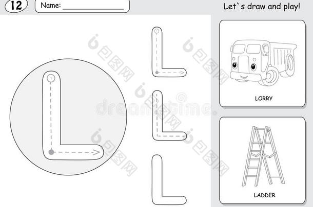 卡<strong>通卡</strong>车和梯子。 字母追踪工作表：为孩子编写a-z和教育游戏