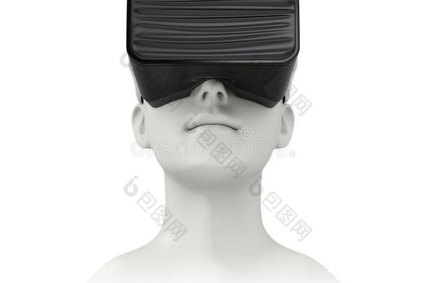 在白色背景上佩戴VR耳机的CG模型的正面视图