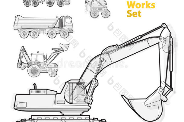 地面工程机械车辆，黑白概述组成。 工程机械设备。