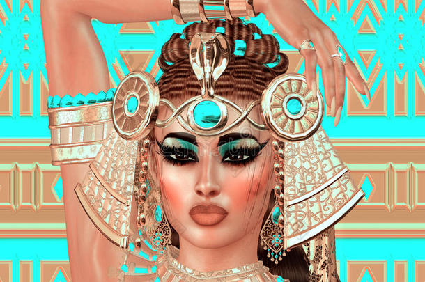 埃及女人，珠子，美丽和黄金在我们的数字艺术幻想场景。