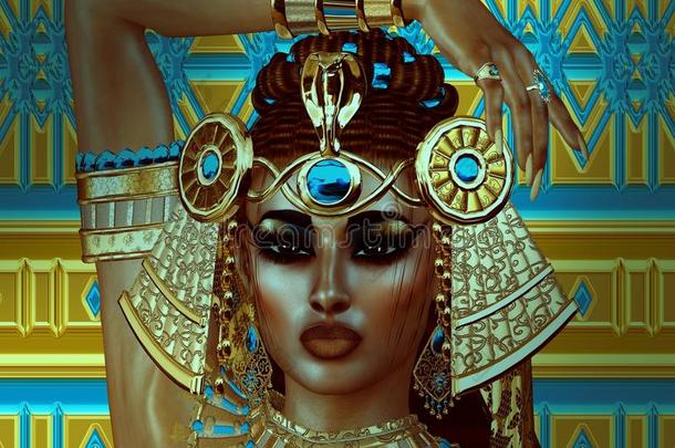 埃及女人，珠子，美丽和黄金在我们的数字艺术幻想场景。