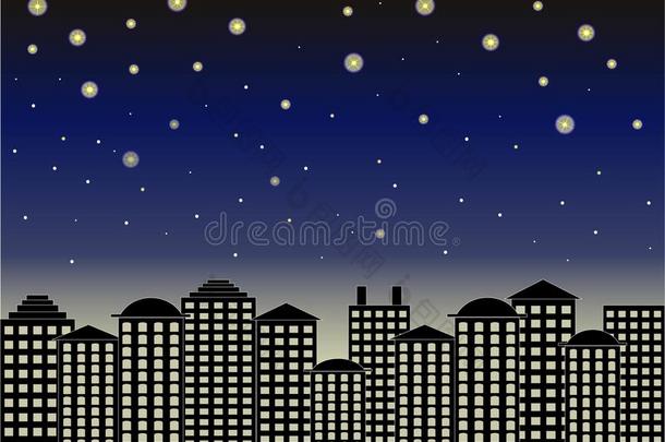 城市系列背景。 黑色的建筑，深蓝色的天空，星空，矢量