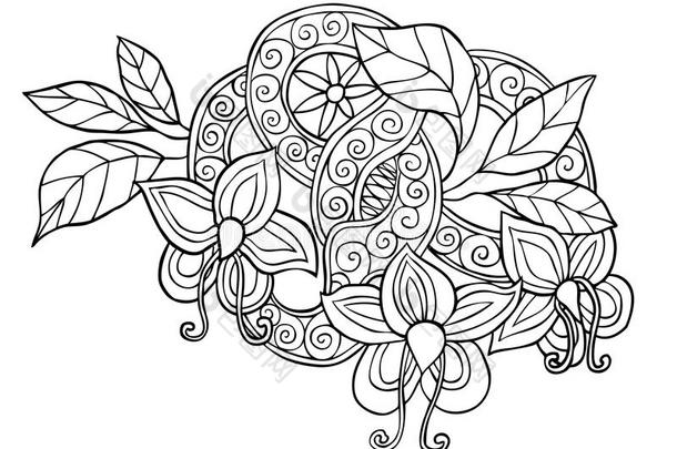 手绘单色涂鸦花，叶子和带漩涡的丝带