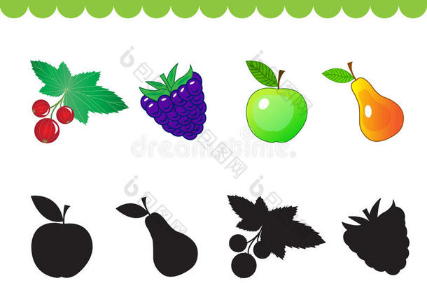 儿童教育游戏，找到正确的影子轮廓。 水果使游戏找到合适的阴影。 矢量插图