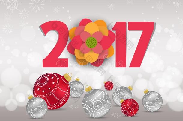 圣诞节和快乐的新年2017年与红色的波布尔，雪和雪花