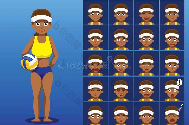 巴西沙滩排球运动员卡通情感面对矢量插图
