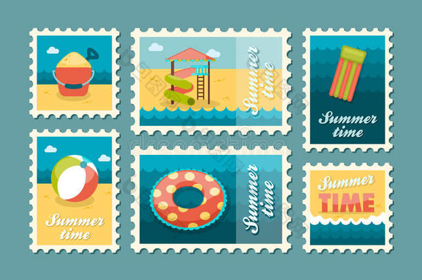 海滩娱乐邮票集。夏天。假期