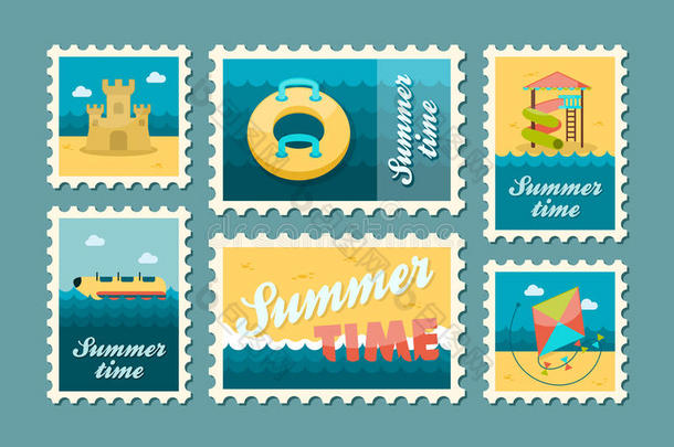 海滩娱乐邮票集。夏天。假期