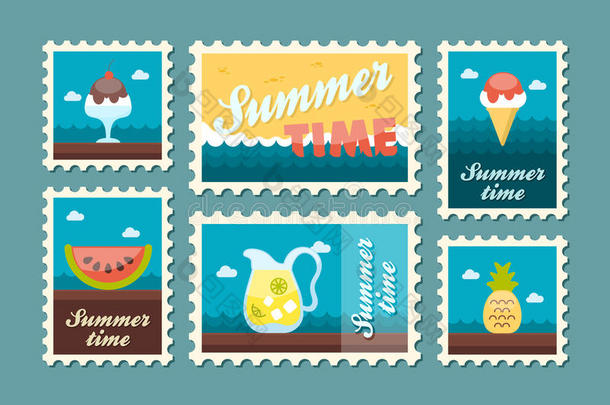 酒吧海滩邮票一套。 夏天。 假期