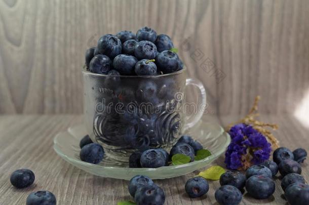 新鲜采摘的蓝莓在杯子-多汁和新鲜蓝莓-蓝莓抗氧化剂。