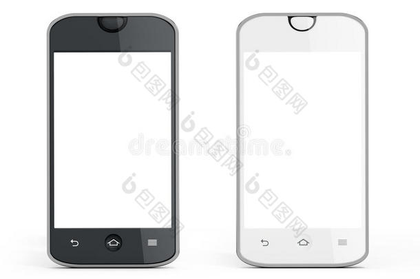 黑白智能手机与反射隔离在白色背景上。 三维插图