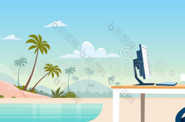 商务人士自由职业者远程工作场所商人西装革履坐台式海滩暑假热带岛屿