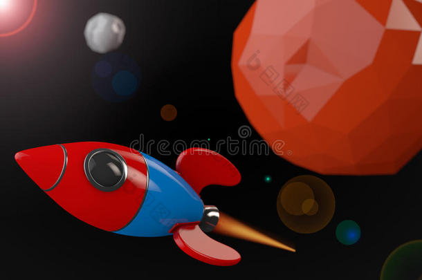 红色星球附近的卡通火箭。 三维渲染