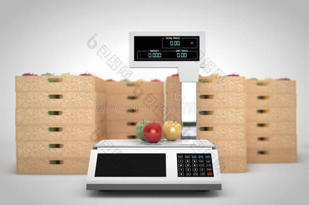 用苹果盒称重食物的电子秤。 三维渲染