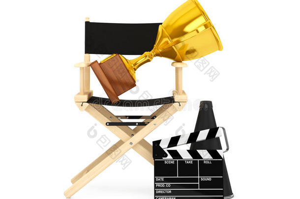 导演椅子，电影拍手和扩音器与黄金奖杯。