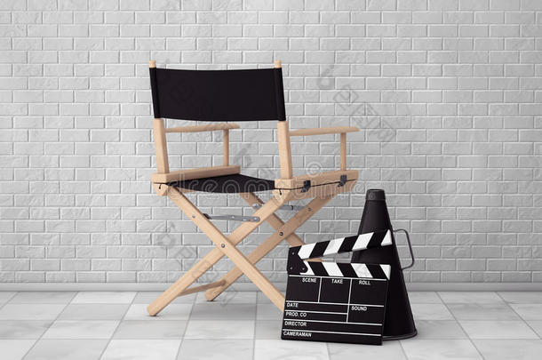 导演椅子，电影<strong>拍手器</strong>和扩音<strong>器</strong>。 三维渲染