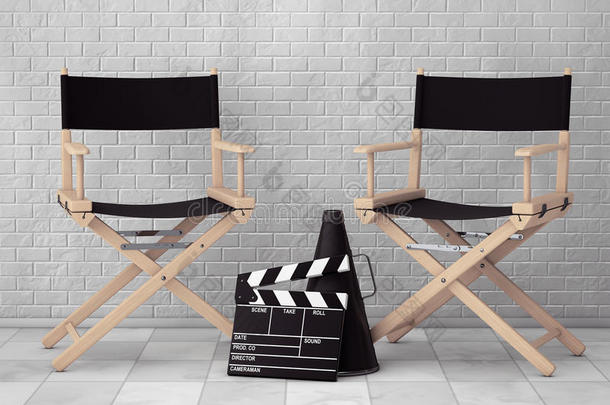 导演椅子，电影拍手和扩音器。 三维渲染