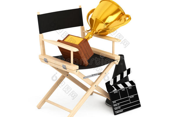 导演椅子，电影<strong>拍手</strong>和扩音<strong>器</strong>与黄金奖杯。