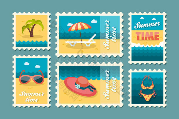 海滩邮票套装。 夏天。 假期