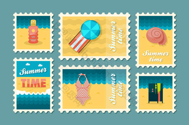 海滩邮票套装。 夏天。 假期