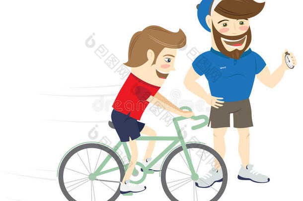 胡须健身私人教练教练和有趣的运动员骑自行车。 平淡的风格