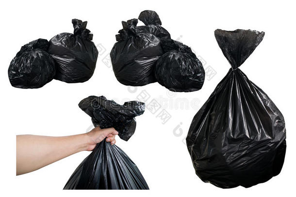 黑色垃圾袋和持有黑色垃圾袋隔离在白色背景