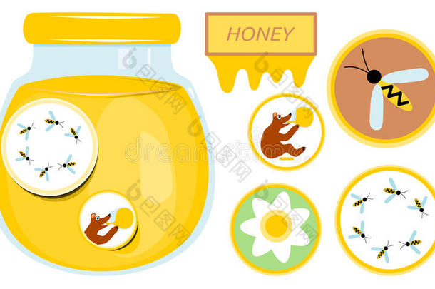 带蜂蜜的玻璃。 收集熊，蜜蜂和花的贴纸。