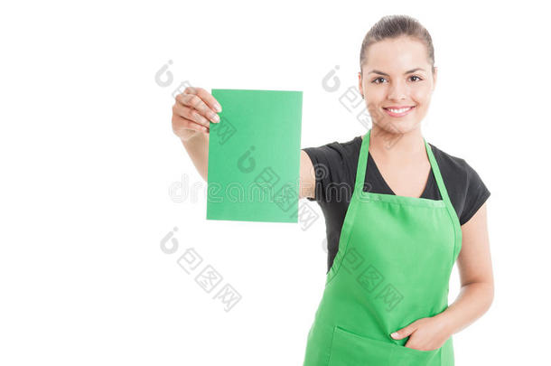 漂亮的员工，围裙，绿色空白页