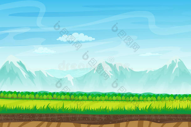 有岩石、山和草的卡通景观。 游戏的景观。