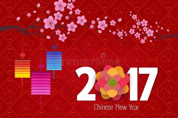 中国2017年新年，背景有灯笼和梅花