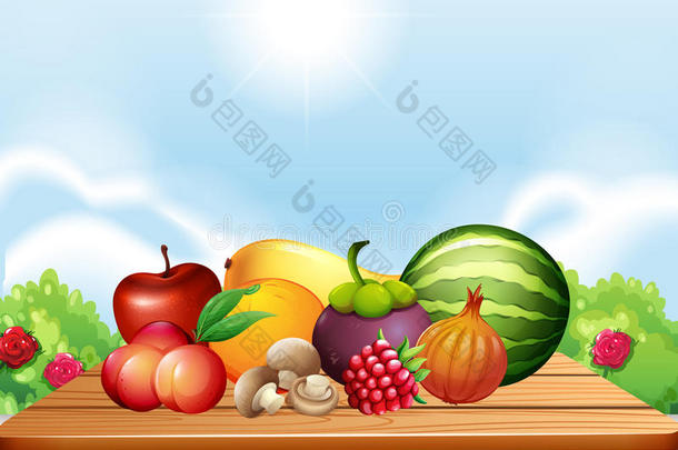 桌上的新鲜水果和蔬菜